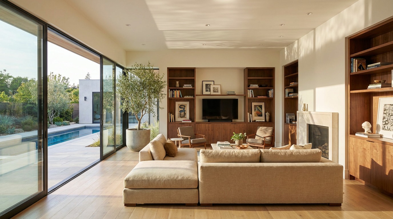 Interior great room with floor-to-ceiling glass — reference